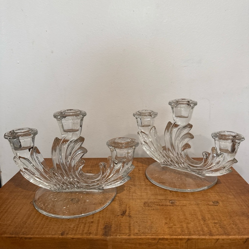 Pair of VTG Fostoria Baroque Shape and Navarre Etching Double-Arm Candle Holders